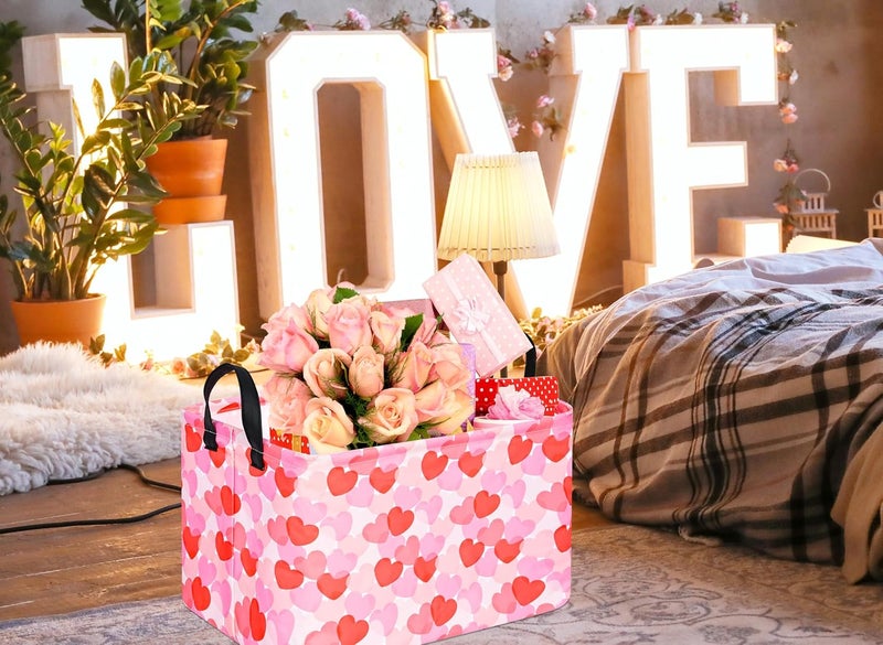 FUULOXE Rectangular Valentines Basket Storage Bin for Shelves Girls Gifts Baskets Foldable Box with Handles for Home Office Car Dormroom Valentine's Day Party Supplies - Image 4